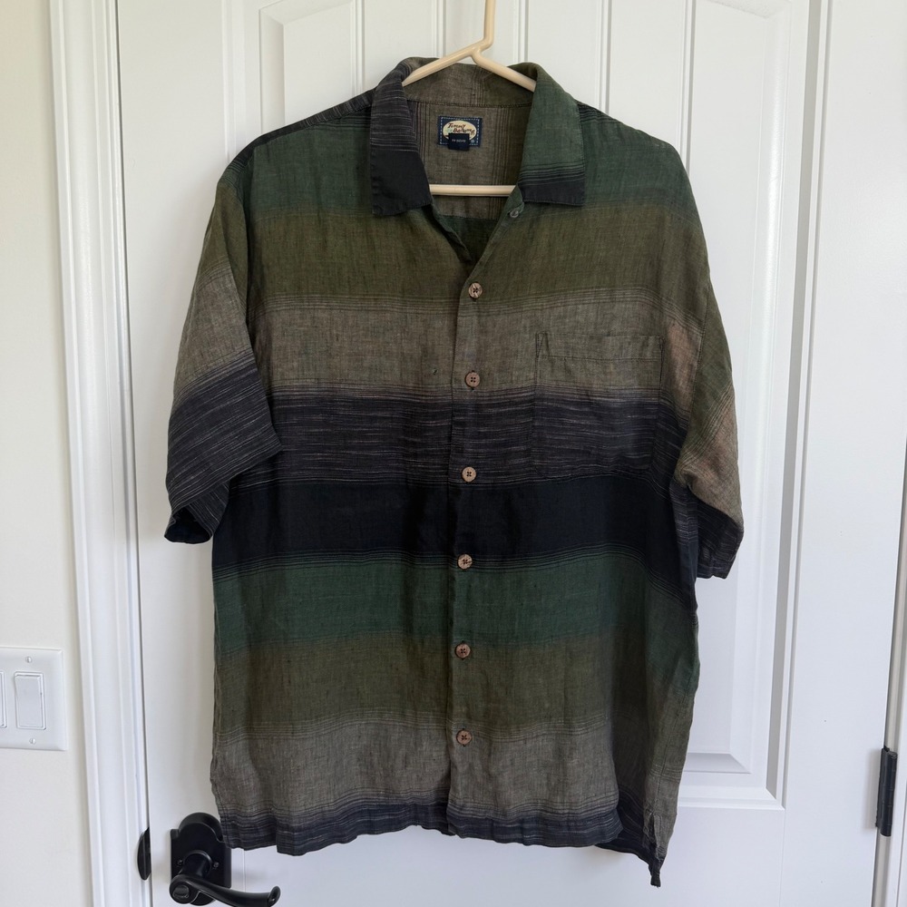 Tommy Bahama Mens Medium 100% Linen Short Sleeve Striped Camp Shirt Green Grey